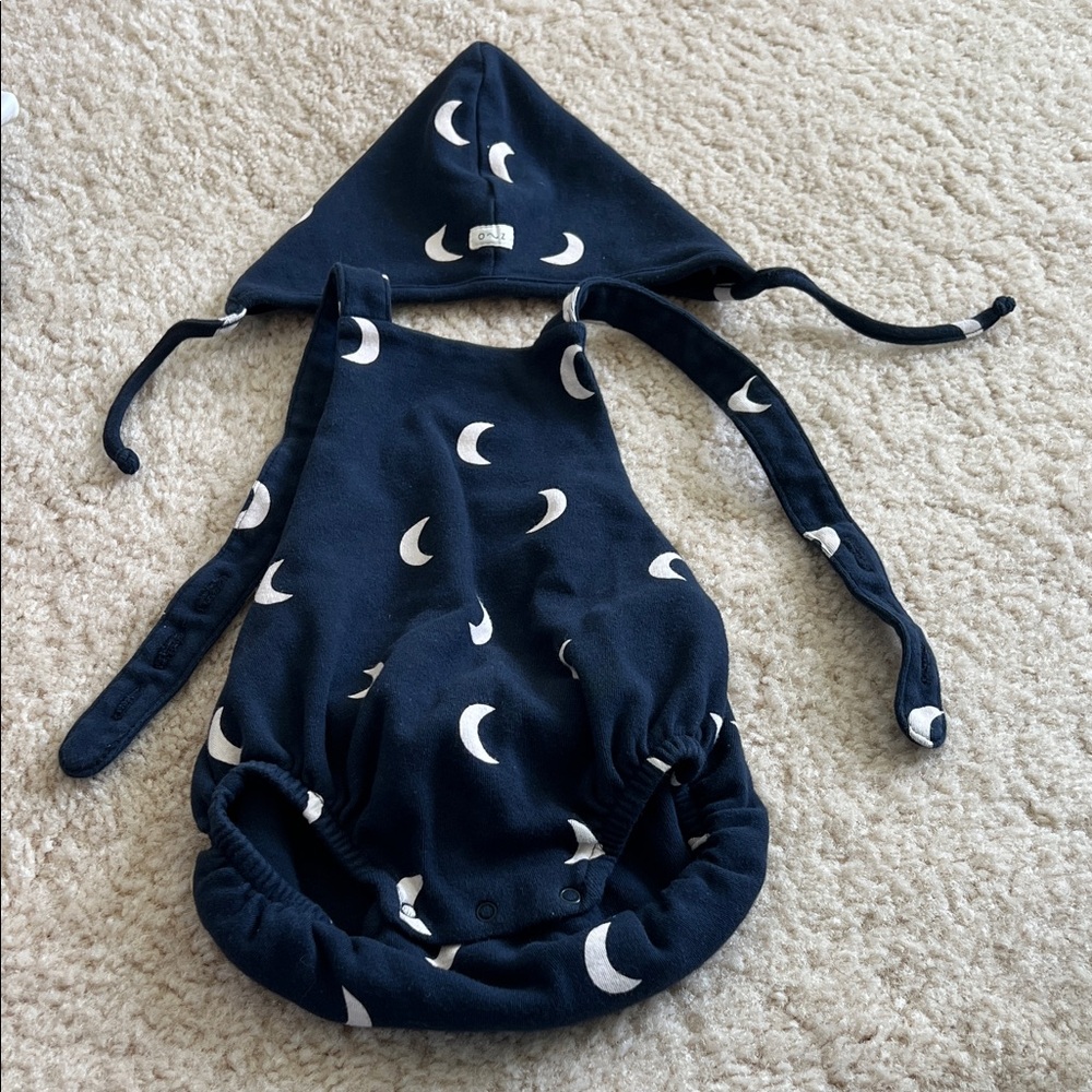 Navy Blue Moon Print Baby Bonnet and Romper Set
